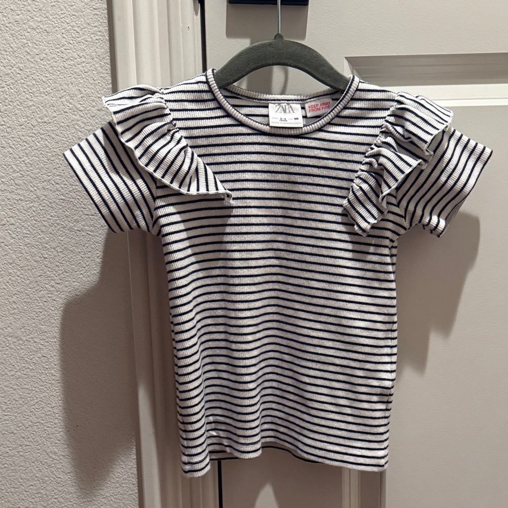 Zara Navy and White Striped Ribbed Tee with Ruffle Sleeves